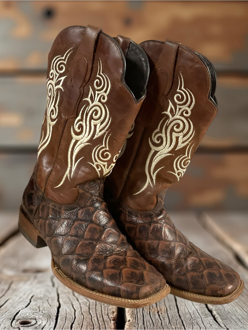 Reywelt Men's Western Brown Leather Boots w/Cream Embroidery Mex 27/US 10 EE